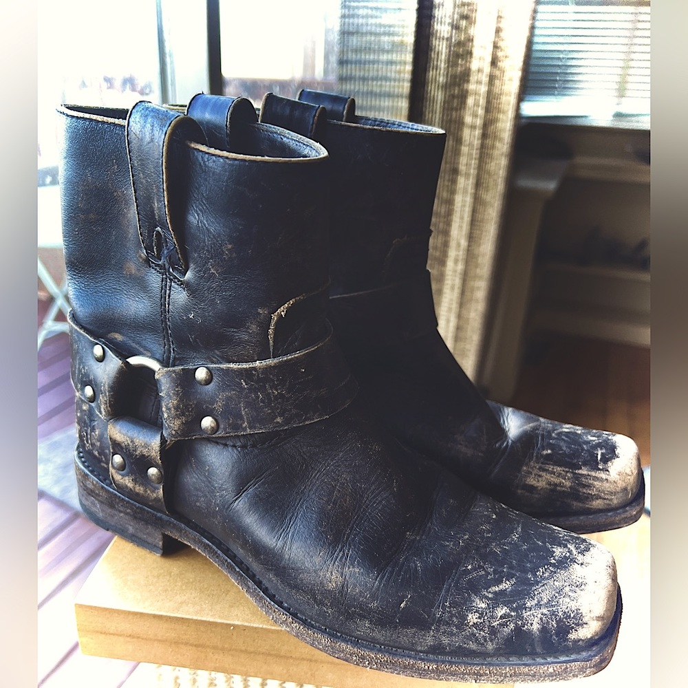 Frye Distressed Black Harness Boots.